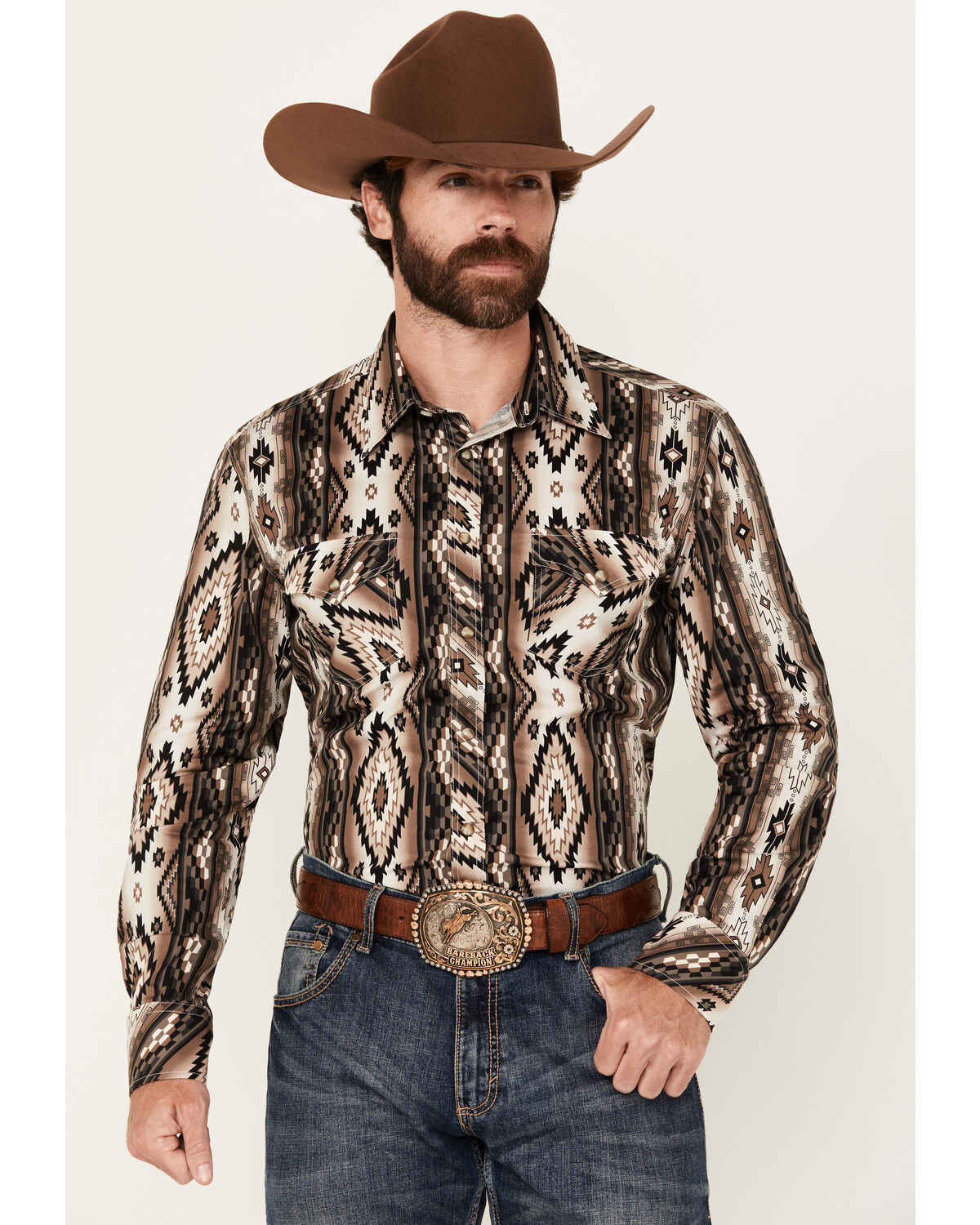 Image #1 - Rock & Roll Denim Men's Southwestern Print Long Sleeve Snap Stretch Western Shirt, Black, hi-res
