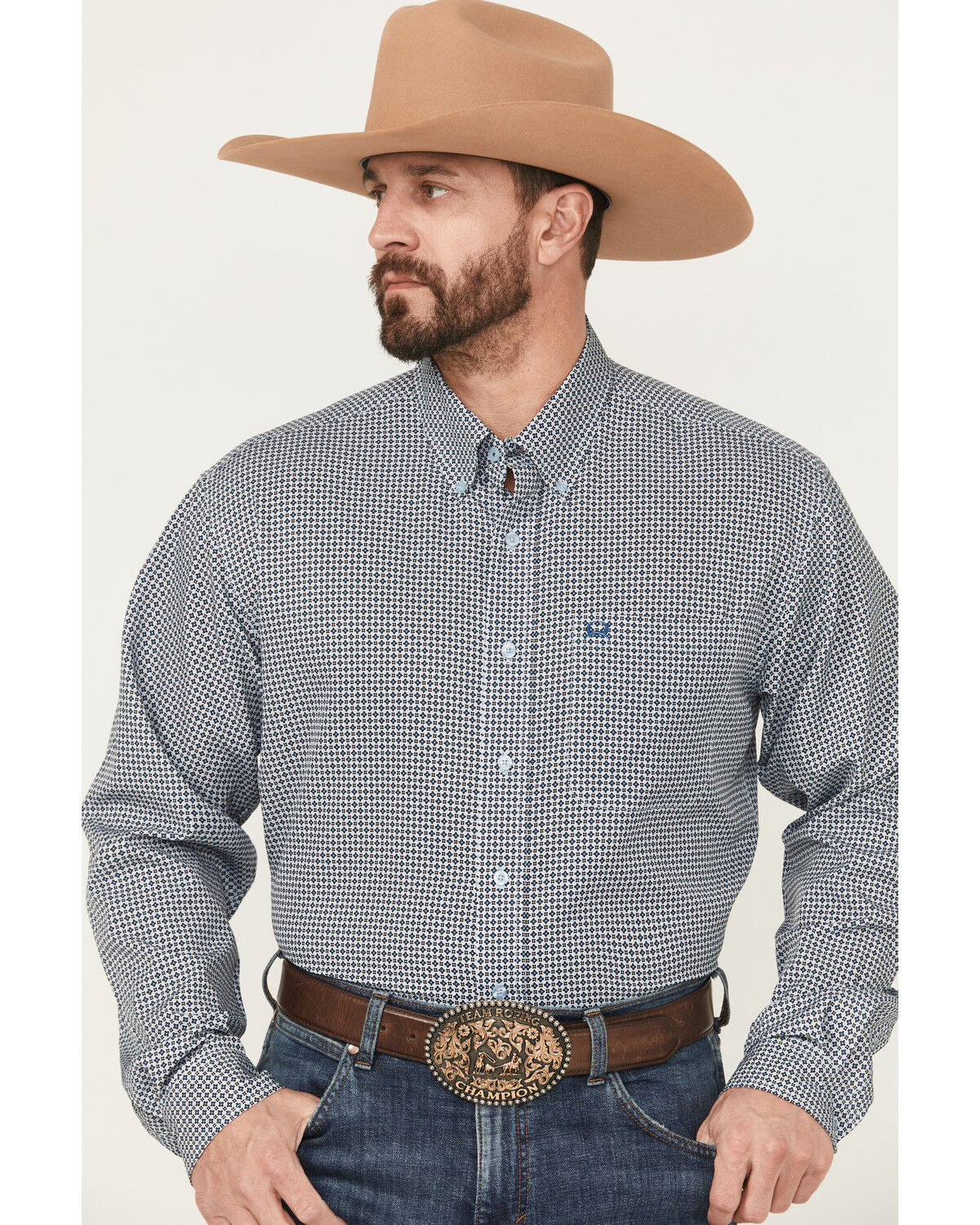 Image #1 - Cinch Men's Geo Print Long Sleeve Button-Down Performance Stretch Western Shirt, Light Blue, hi-res