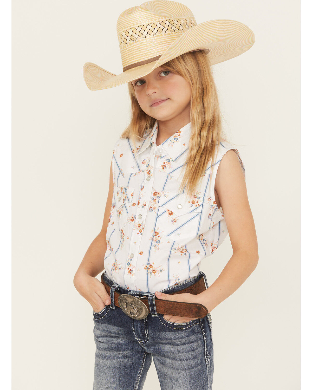 Image #1 - Ely Walker Girls' Wallpaper Floral Sleeveless Snap Western Shirt, White, hi-res