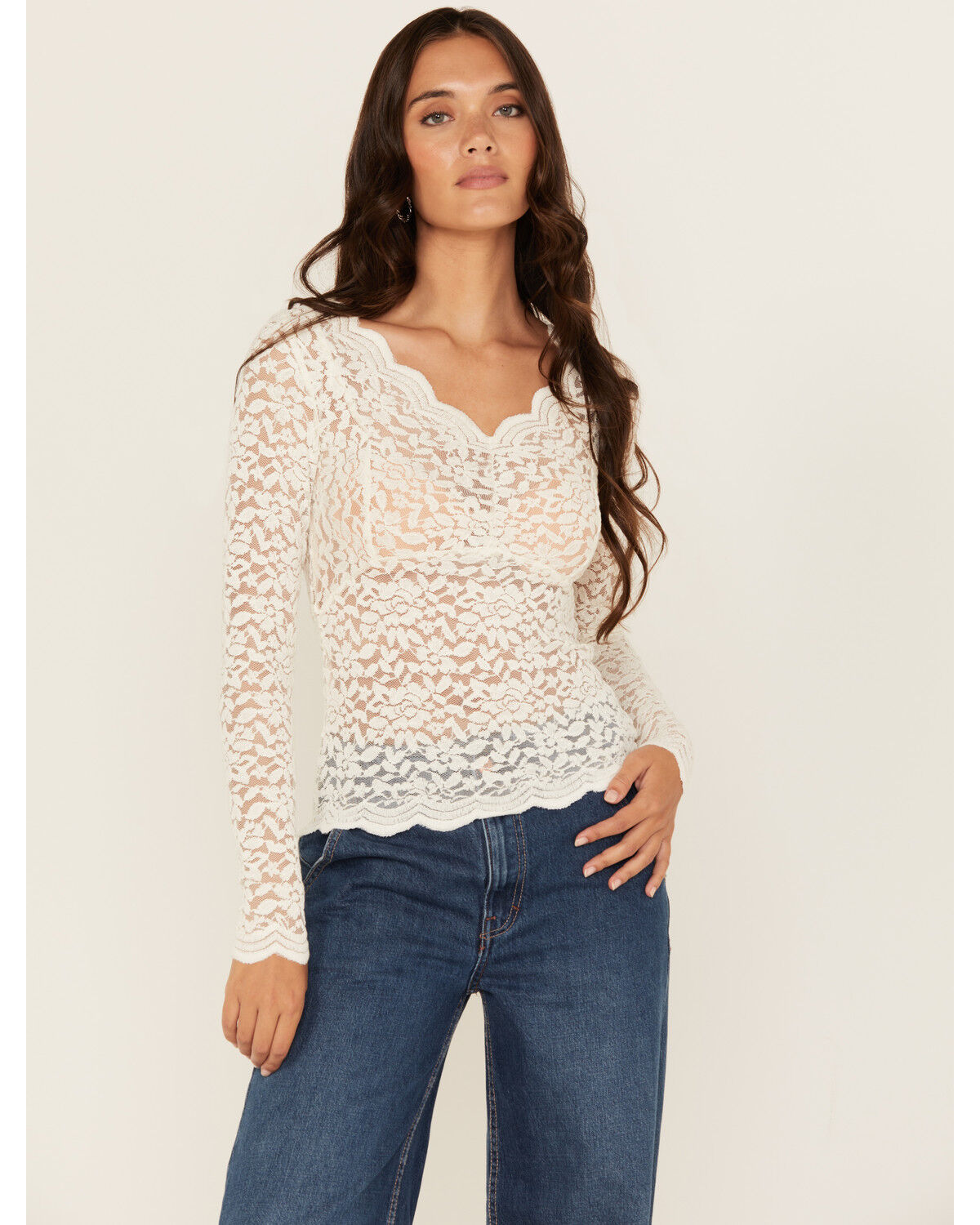 Image #1 - Shyanne Women's Solid Lace Long Sleeve Shirt, Off White, hi-res