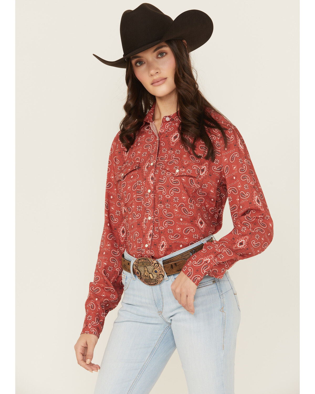 Image #1 - Panhandle Women's Paisley Print Long Sleeve Snap Western Shirt, Red, hi-res