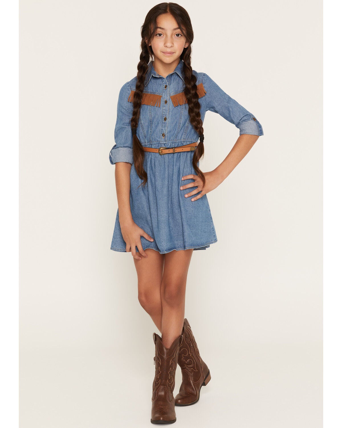 Sugar California Girls' Medium Wash 3/4 Sleeve Denim Fringe Mini Dress, Medium Wash, hi-res