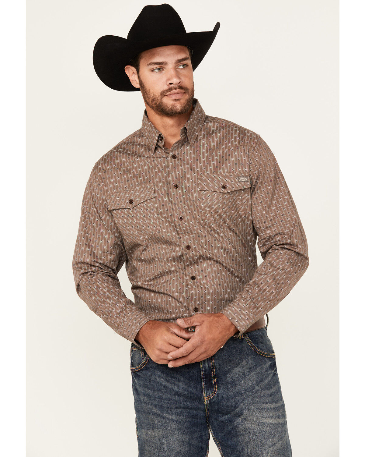 Image #1 - Justin Men's Boot Barn Exclusive Geo Striped Print Long Sleeve Button-Down Stretch Western Shirt, Grey, hi-res