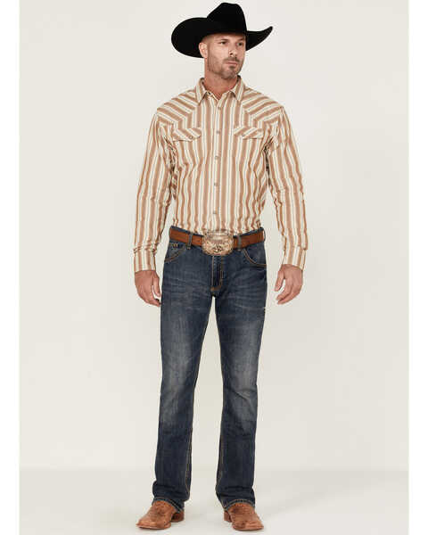 Image #3 - Blue Ranchwear Men's Yarn-Dye Stripe Long Sleeve Snap Western Shirt, Wheat, hi-res