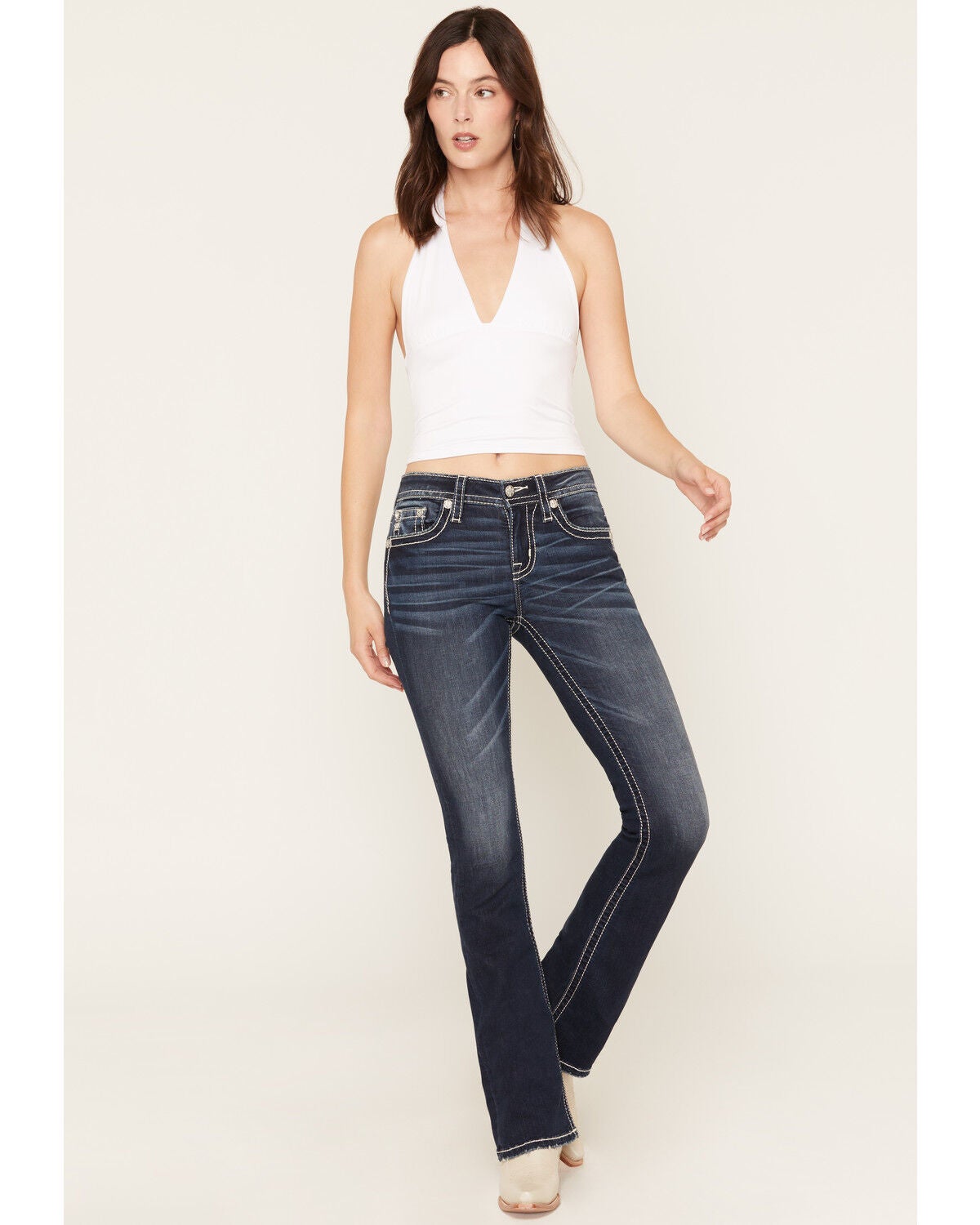 Image #3 - Miss Me Women's Dark Wash Mid Rise Winged Pocket 32" Bootcut Stretch Denim Jeans, Dark Wash, hi-res