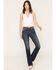 Image #3 - Miss Me Women's Dark Wash Mid Rise Winged Pocket 32" Bootcut Stretch Denim Jeans, Dark Wash, hi-res