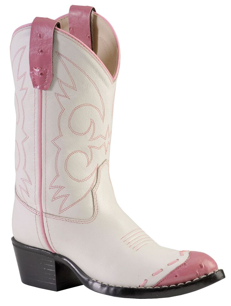 Old West Girls' Pink Ostrich Print Wingtip Cowgirl Boots - Medium Toe, White, hi-res