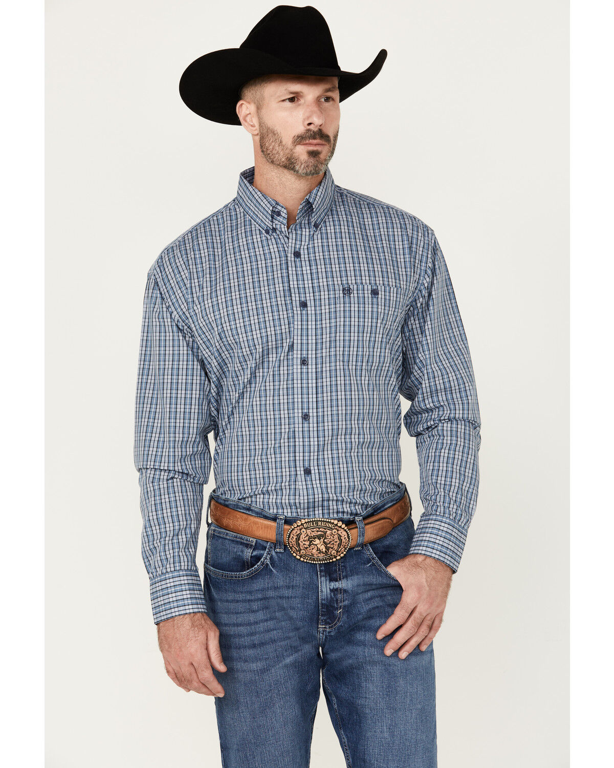 Image #1 - Wrangler Men's Classics Plaid Print Long Sleeve Button-Down Western Shirt, Blue, hi-res