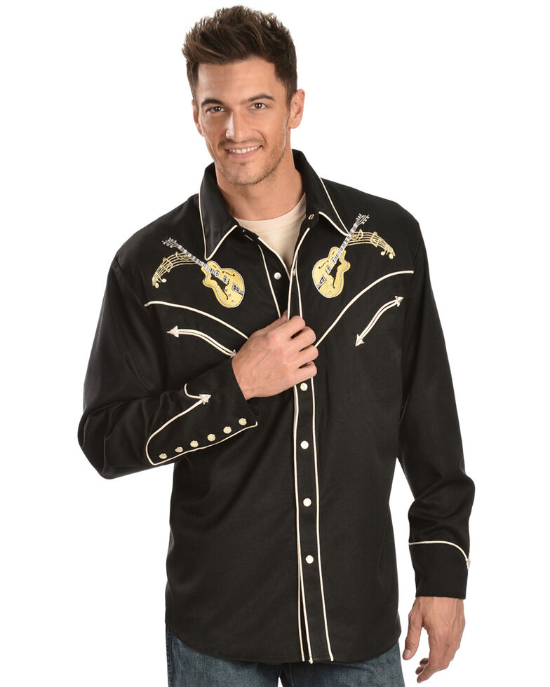 Scully Men's Black Rock 'N Roll Embroidered Retro Long Sleeve Western Shirt, Black, hi-res
