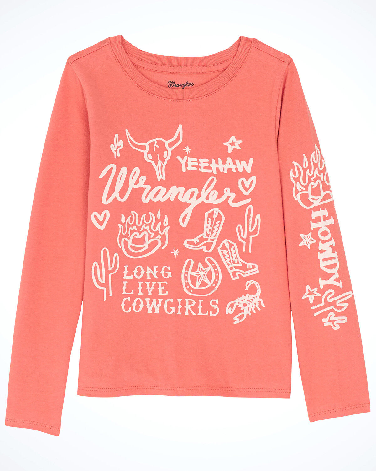 Image #1 - Wrangler Girls' Western Icon Long Sleeve Graphic Tee, Coral, hi-res