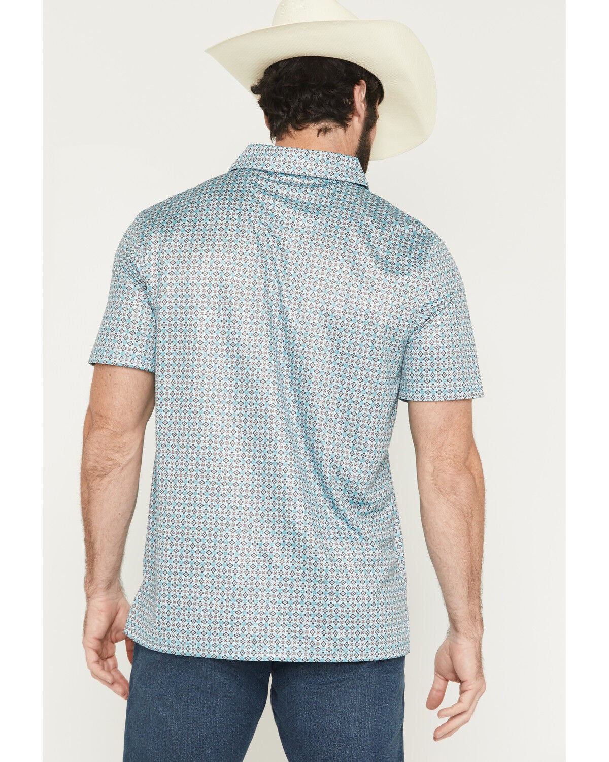 Image #4 - Panhandle Slim Men's Medallion Print Short Sleeve Snap Performance Polo Shirt, Turquoise, hi-res