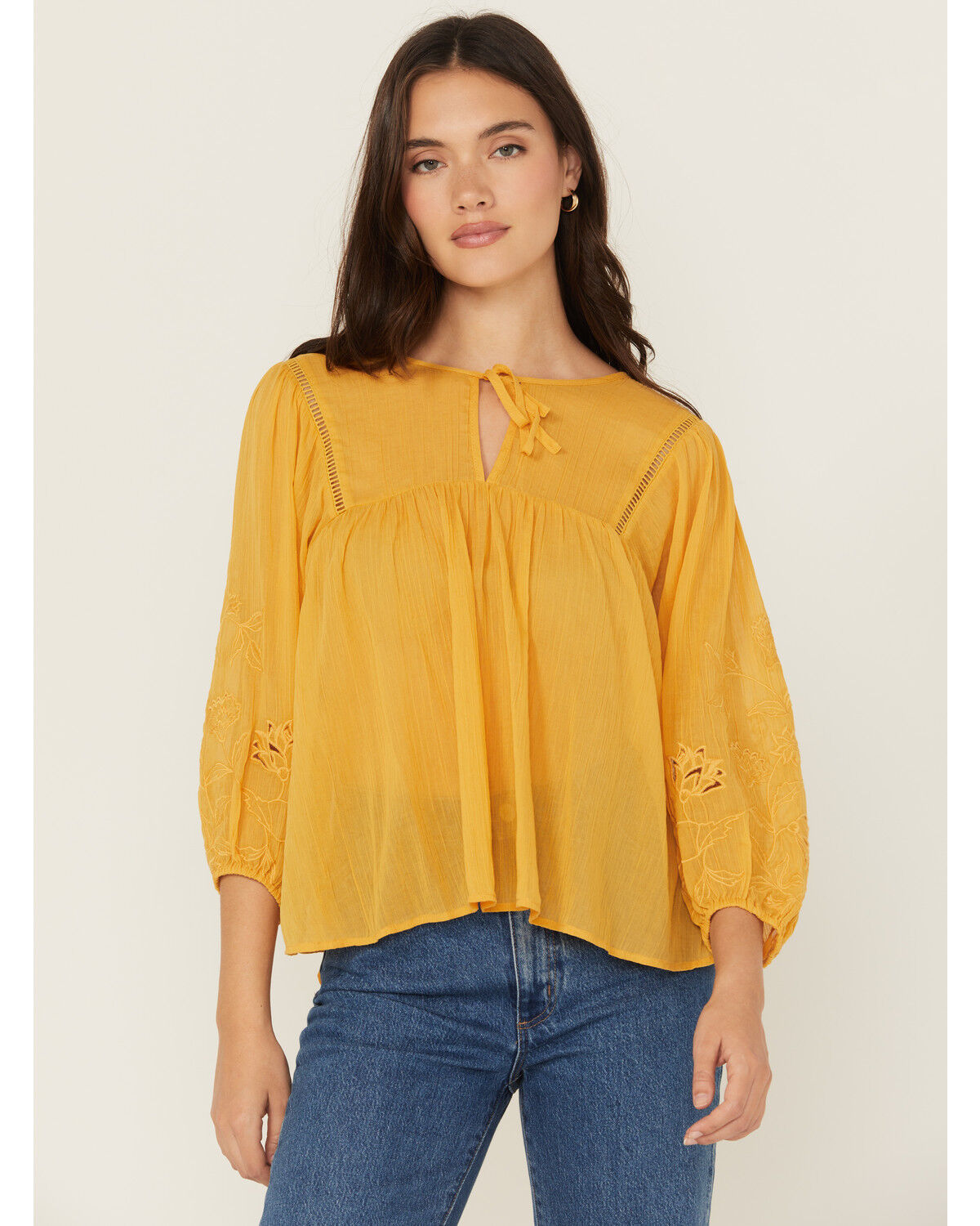Image #2 - Cleo + Wolf Women's Floral Embroidered Long Sleeve Peasant Top, Yellow, hi-res