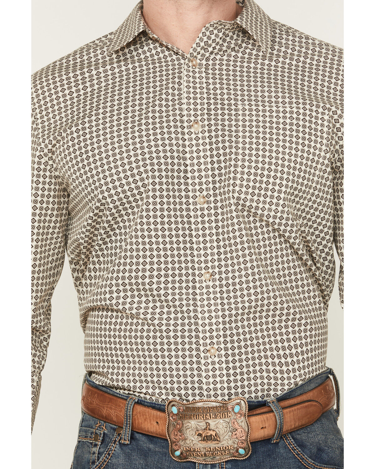 Image #3 - Gibson Trading Co Men's Bullseye Geo Print Long Sleeve Button-Down Western Shirt - Big, Ivory, hi-res