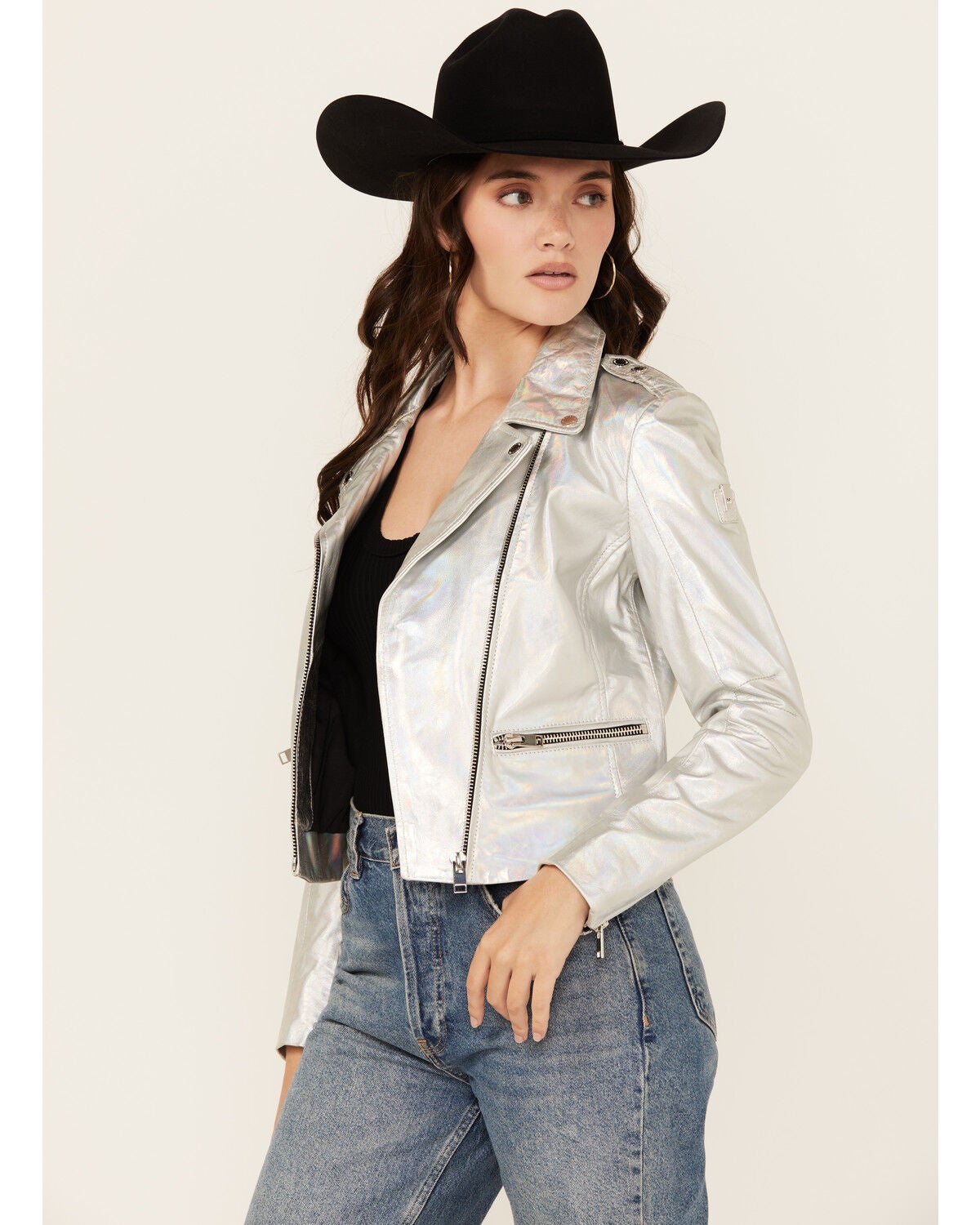 Mauritius Leather Women's Adeni Iridescent Leather Jacket, Silver, hi-res