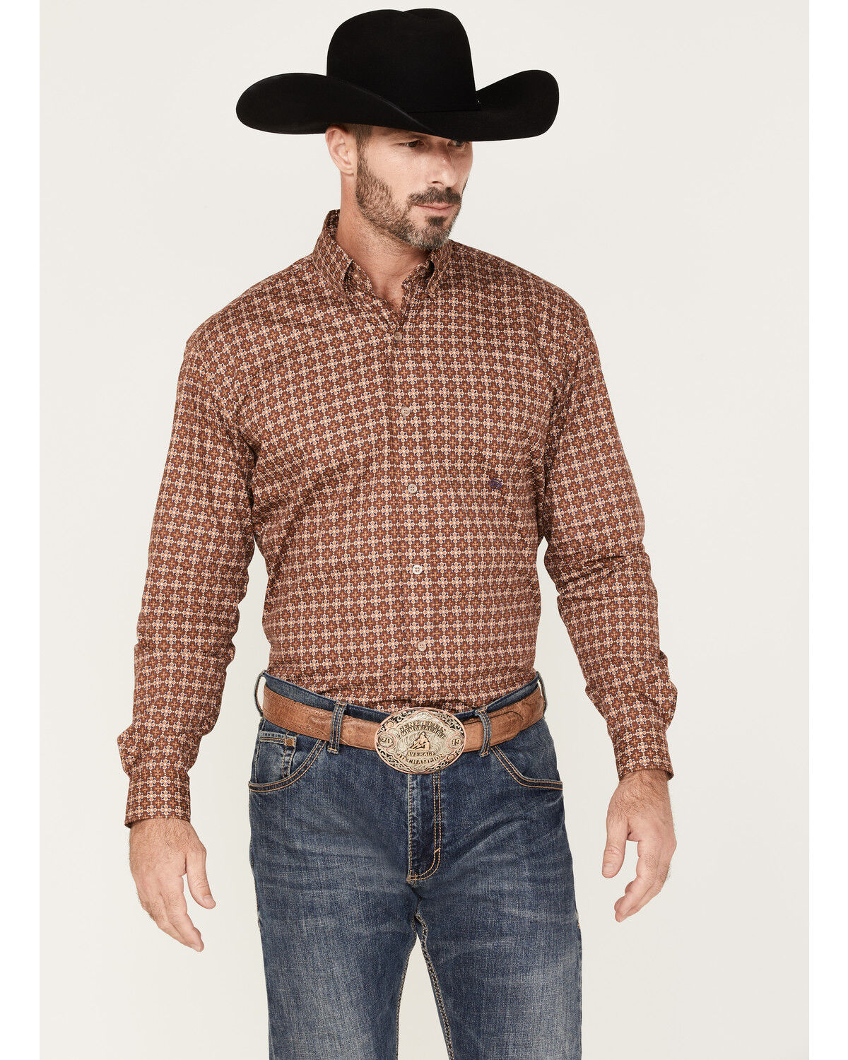 Image #1 - Roper Men's Spiced Plum Geo Print Long Sleeve Button Down Shirt, Brown, hi-res