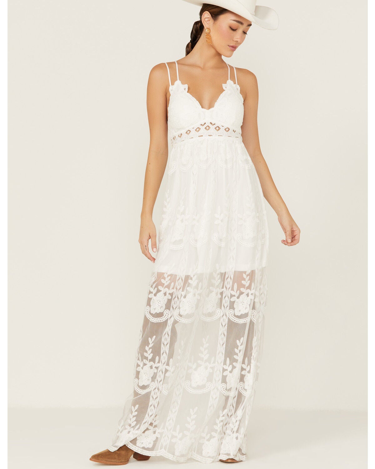 Sheer Lace Sleeveless White Maxi Dress 