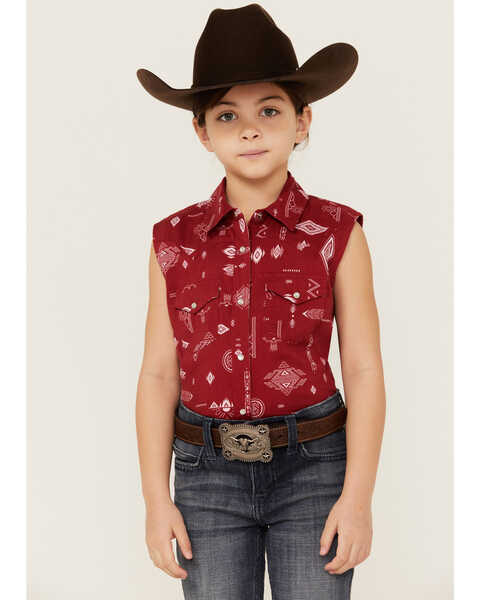 RANK 45 Girls' Southwestern Print Sleeveless Shirt, Red, hi-res