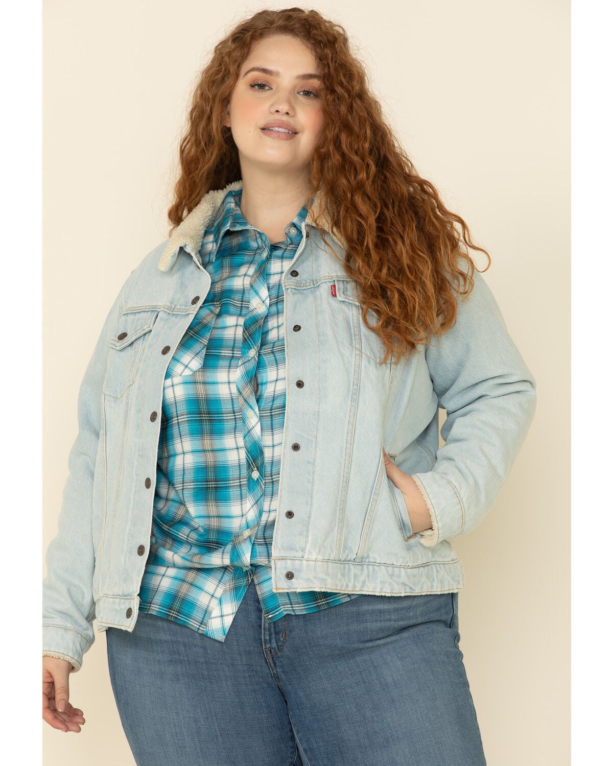 Light Wash Sherpa Lined Collar Jacket 