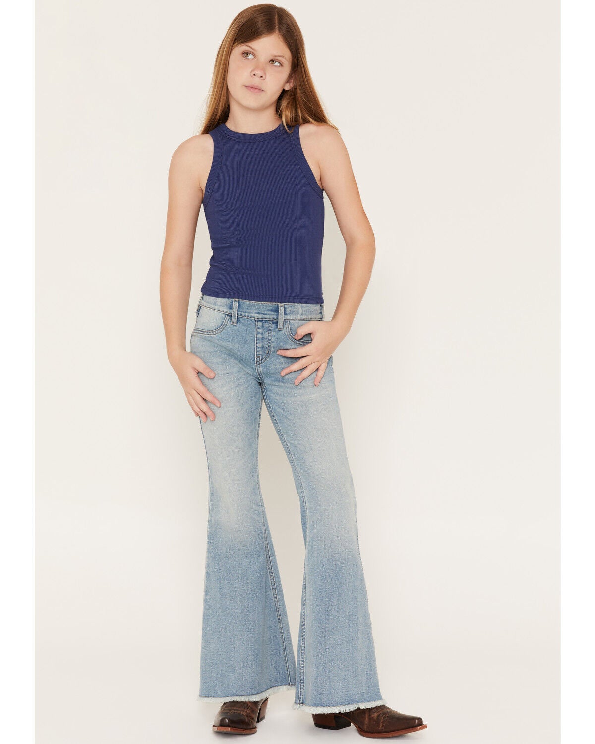 Image #3 - Shyanne Girls' Light Wash Lacey Bow Embroidered Flare Stretch Denim Jeans, Light Wash, hi-res