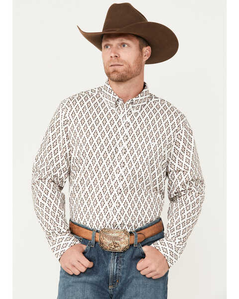 Image #1 - RANK 45® Men's Catfish Southwestern Geo Print Long Sleeve Button-Down Stretch Western Shirt, Coffee, hi-res