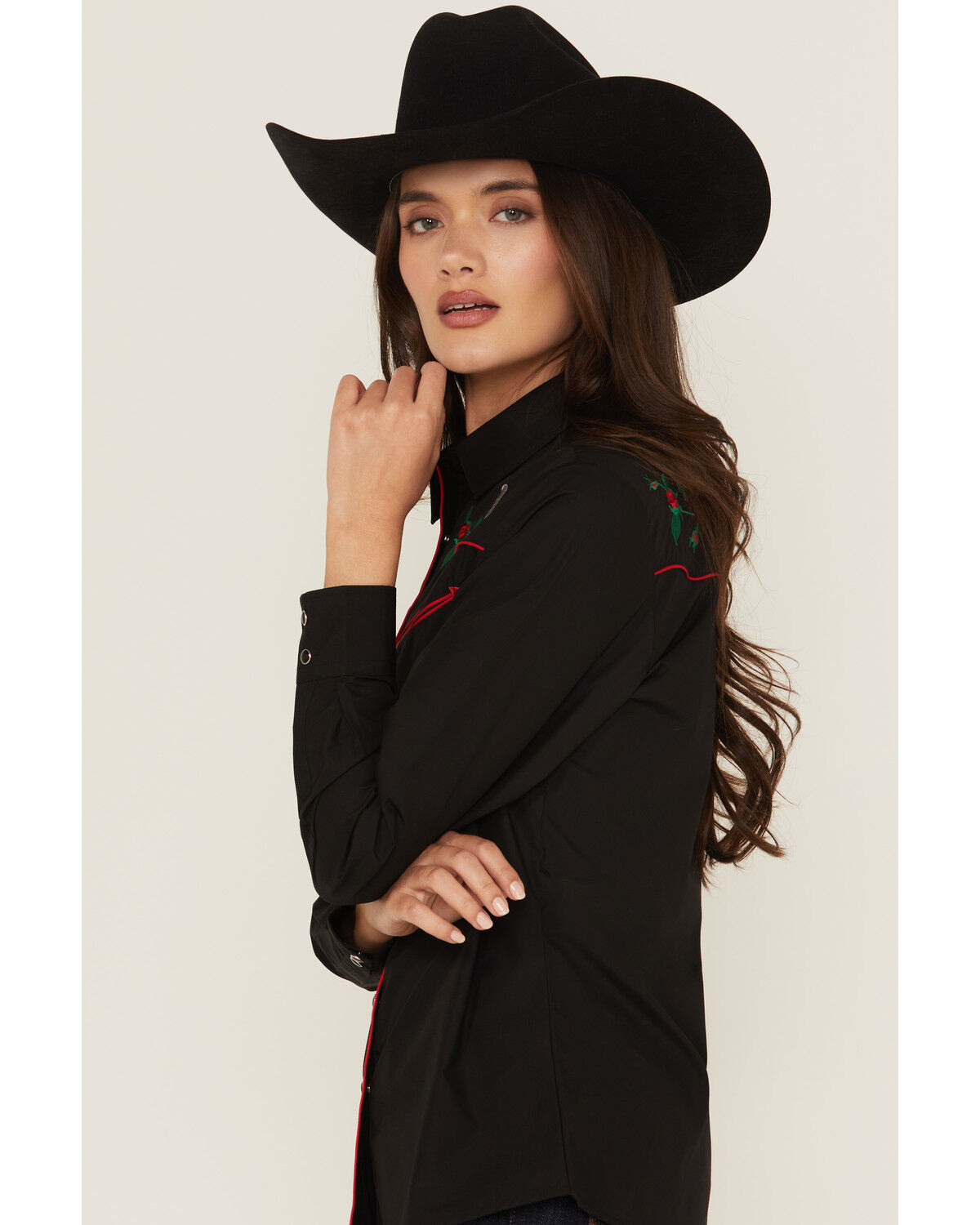 Image #2 - Rodeo Clothing Women's Rose Embroidered Long Sleeve Snap Western Shirt, Black, hi-res