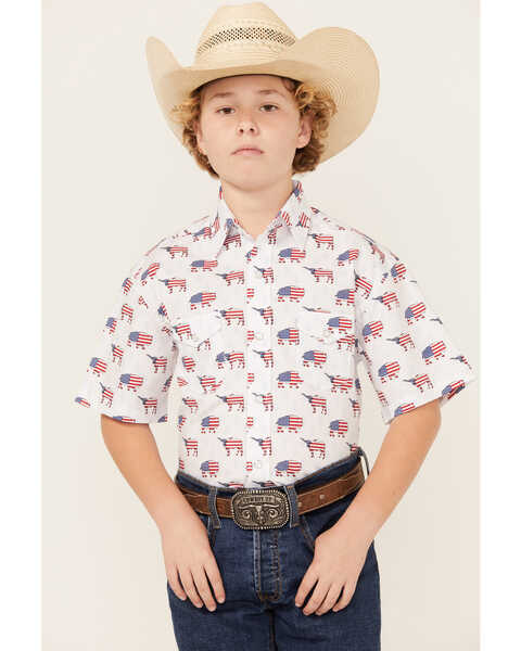 Panhandle Boys' Flag Print Short Sleeve Pearl Snap Stretch Western Shirt , White, hi-res