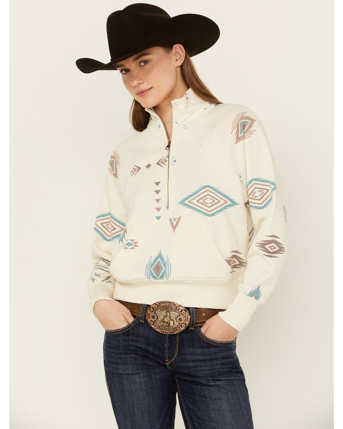Image #1 - Shyanne Women's 1/2 Zip Southwestern Print Pullover Fleece, Cream, hi-res