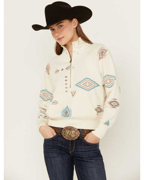 Shyanne Women's 1/2 Zip Southwestern Print Pullover Fleece , Cream, hi-res