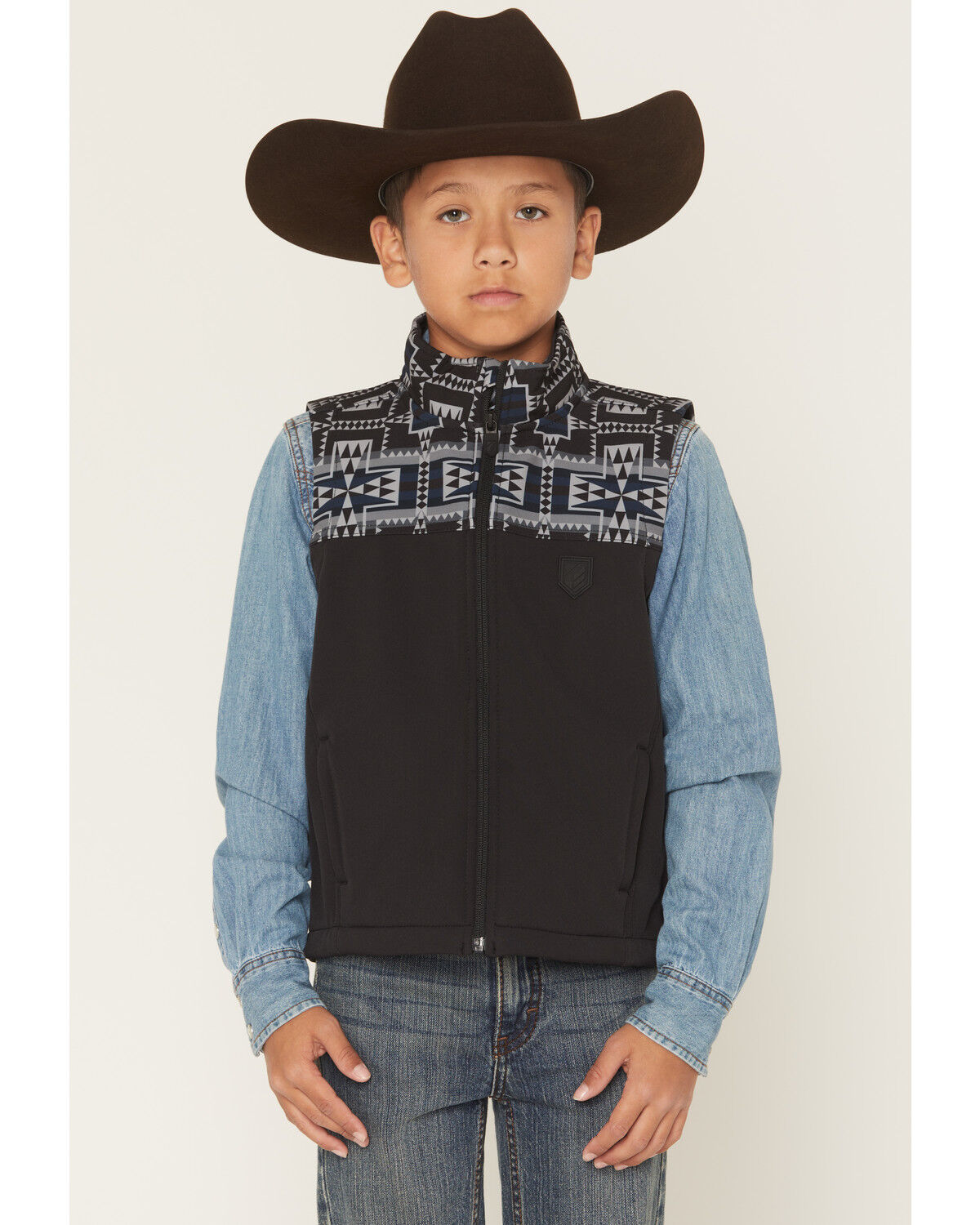 Image #1 - RANK 45® Boy's Cheneka Southwestern Print Softshell Vest, Black, hi-res