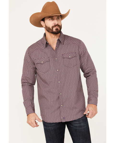 Moonshine Spirit Men's Southwestern Print Long Sleeve Western Pearl Snap Shirt, Purple, hi-res