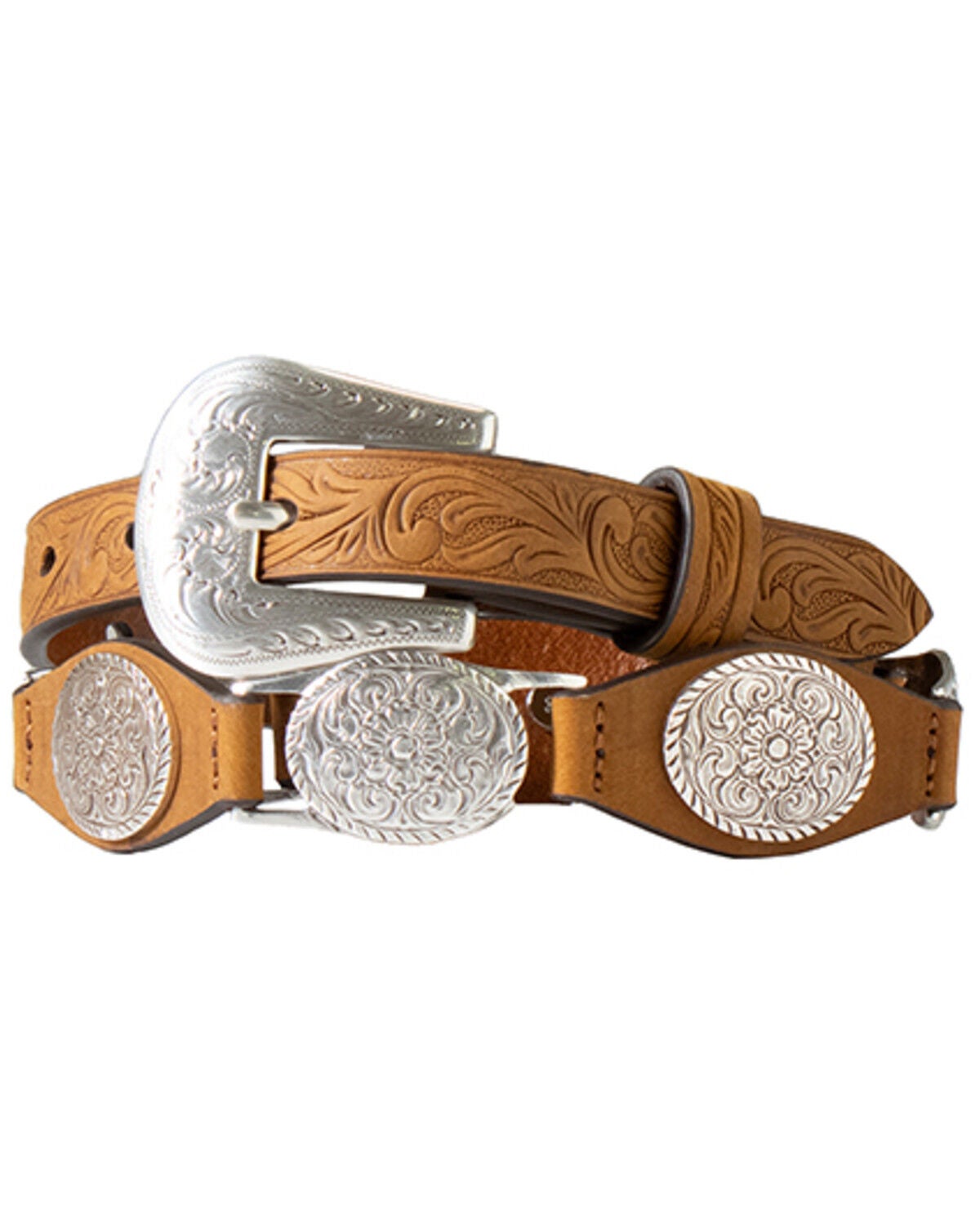 M & F Western Girls' Tooled Concho Leather Belt, Brown, hi-res