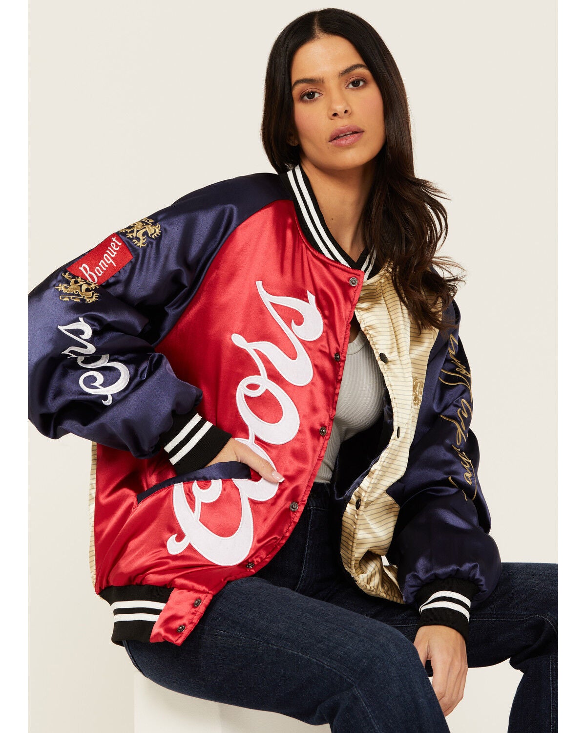 Image #1 - The Laundry Room Women's Satin Heritage Coors Bomber Jacket, Multi, hi-res