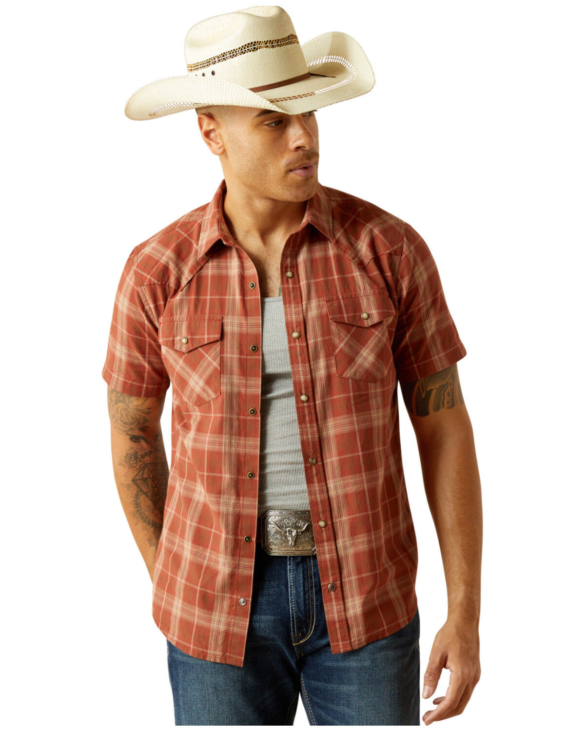 Image #1 - Ariat Men's Hector Retro Fit Plaid Print Short Sleeve Snap Western Shirt - Big, Rust Copper, hi-res