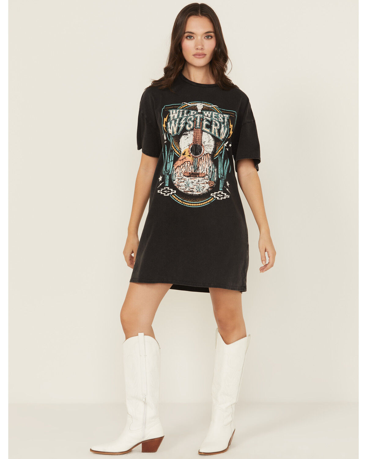 Image #1 - Rock & Roll Denim Women's Wild West Short Sleeve Mini Graphic T-Shirt Dress, Black, hi-res