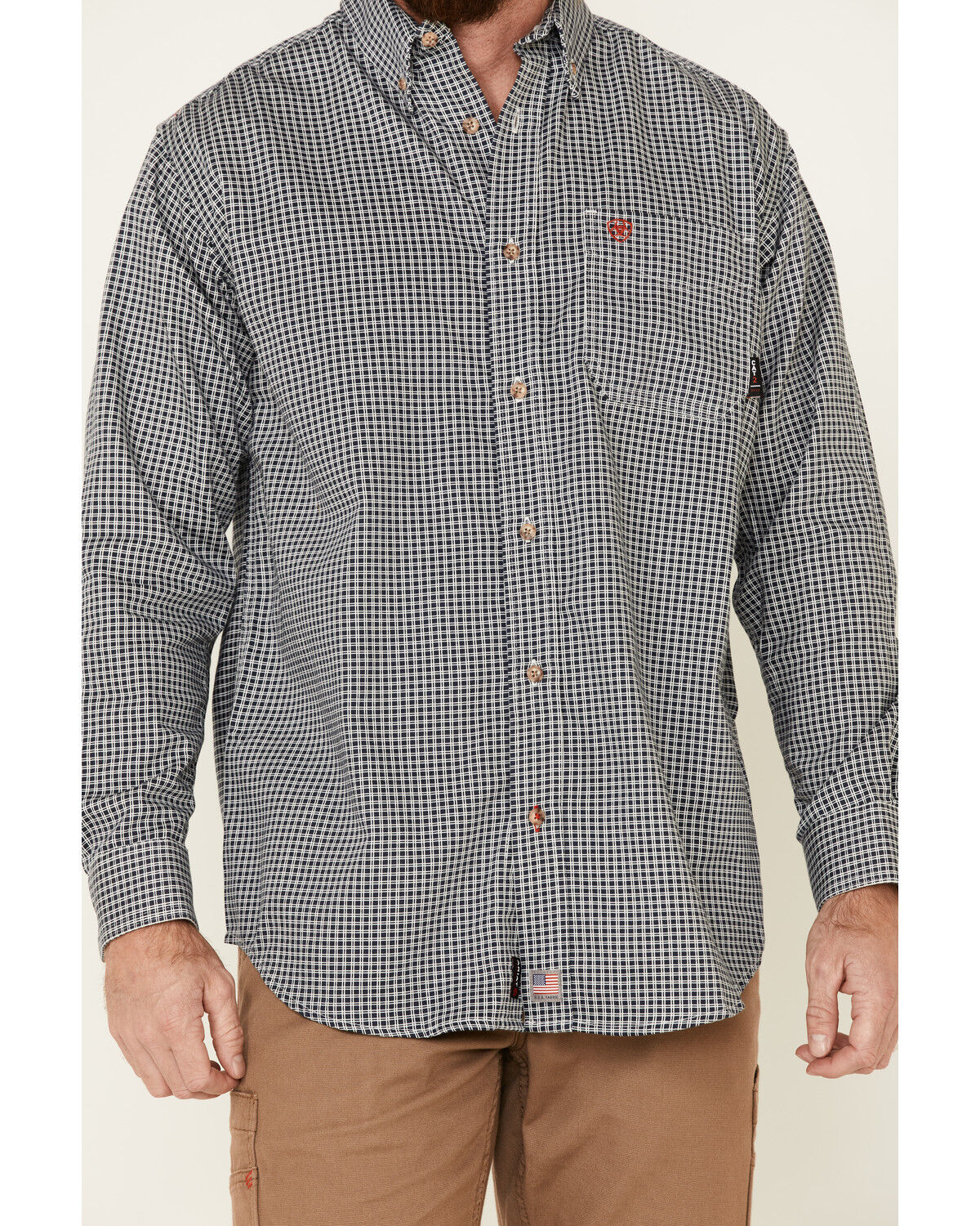 Image #3 - Ariat Men's FR Plaid Print Long Sleeves Button-Down Work Shirt - Tall, Navy, hi-res