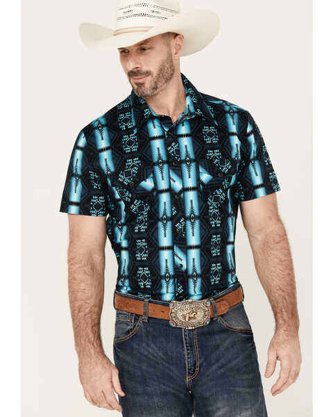 Rock & Roll Denim Men's Checotah Short Sleeve Snap Western Shirt, Turquoise, hi-res
