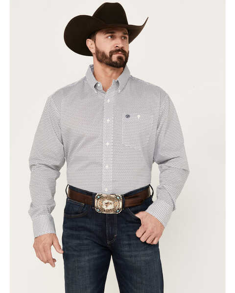 Wrangler Men's Classic Geo Long Sleeve Button Down Western Shirt, Navy, hi-res