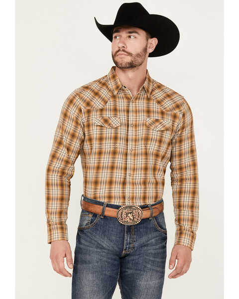 Blue Ranchwear Men's Tustin Plaid Print Long Sleeve Snap Work Shirt, Camel, hi-res
