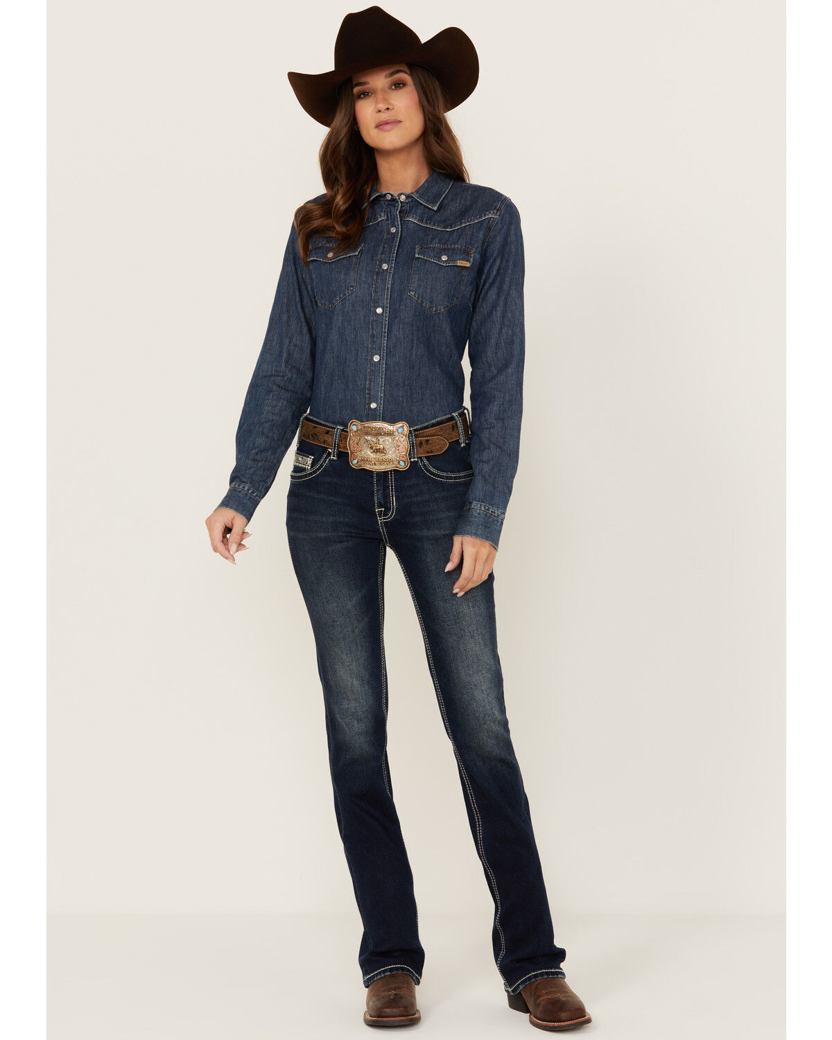 Image #3 - Rock & Roll Denim Women's Dark Wash Mid Rise Embroidered Bootcut Stretch Denim Jeans, Dark Wash, hi-res