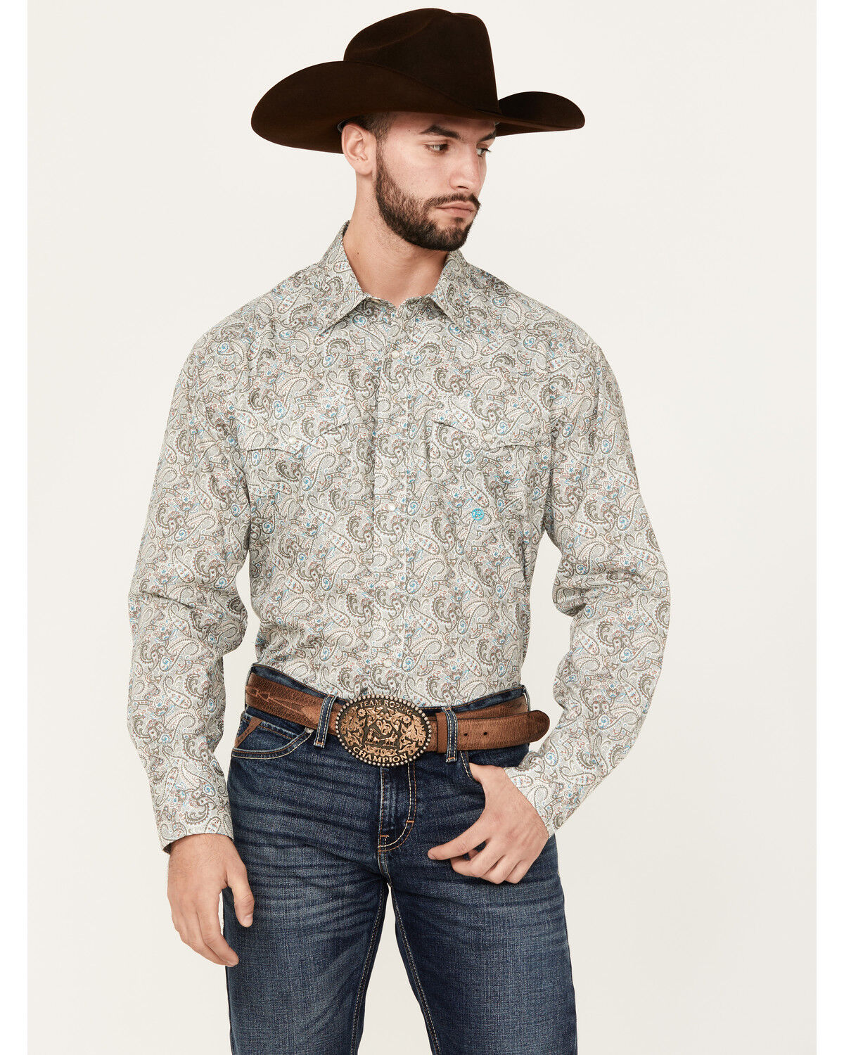 Image #1 - Roper Men's Amarillo Paisley Print Long Sleeve Pearl Snap Western Shirt, Brown, hi-res