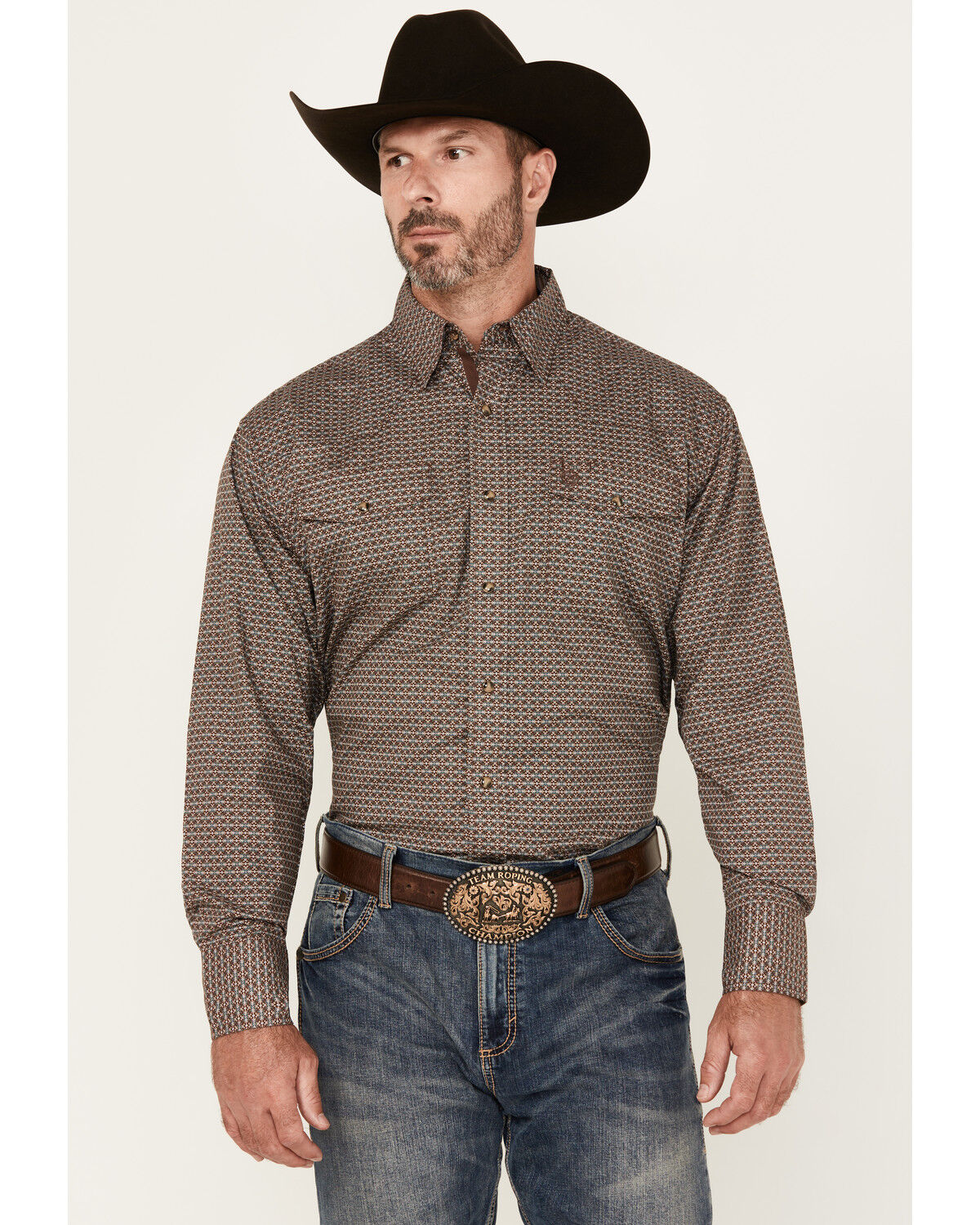Image #1 - George Strait by Wrangler Men's Geo Print Long Sleeve Snap Stretch Western Shirt, Dark Brown, hi-res