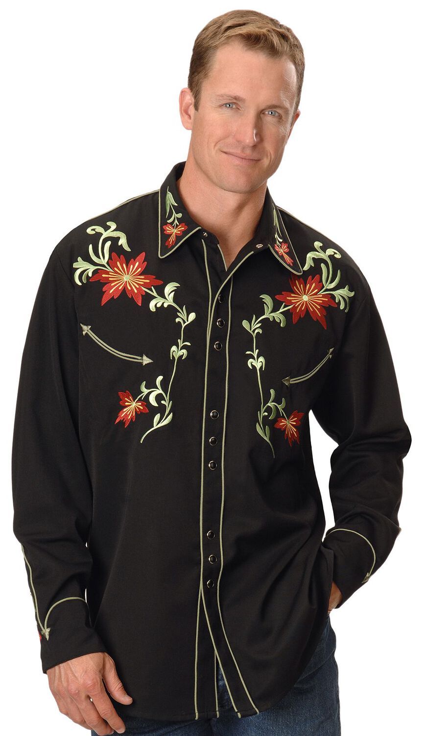 Image #1 - Scully Floral Embroidered Shirt, Black, hi-res