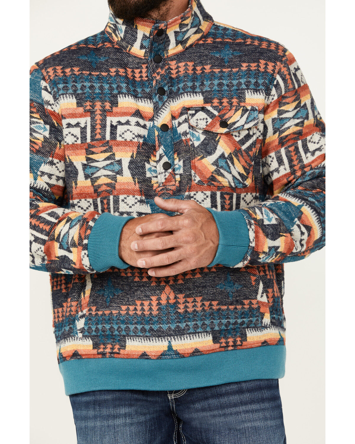 Image #3 - Rock & Roll Denim Men's Southwestern Print Jacquard Bomber Jacket, Teal, hi-res