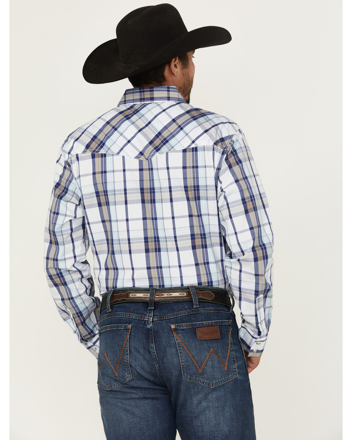 Image #4 - Wrangler 20X Men's Plaid Print Long Sleeve Snap Stretch Western Shirt, Blue, hi-res