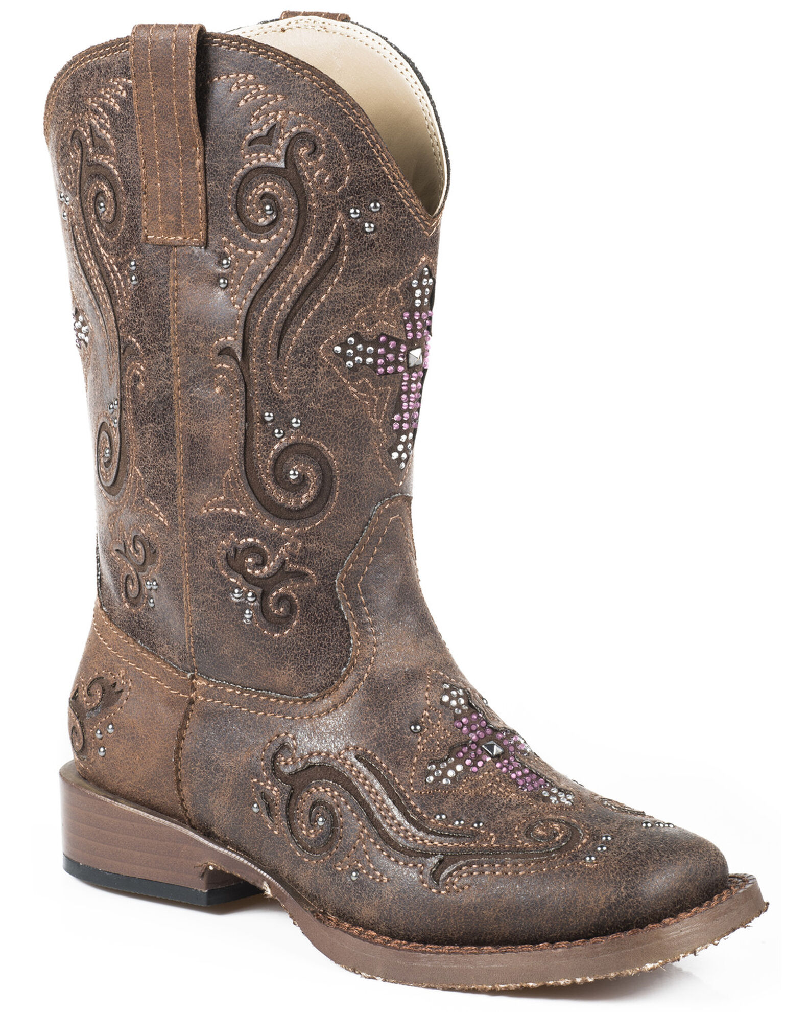 Image #1 - Roper Girls' Crystal Cross Western Boots - Square Toe, Brown, hi-res