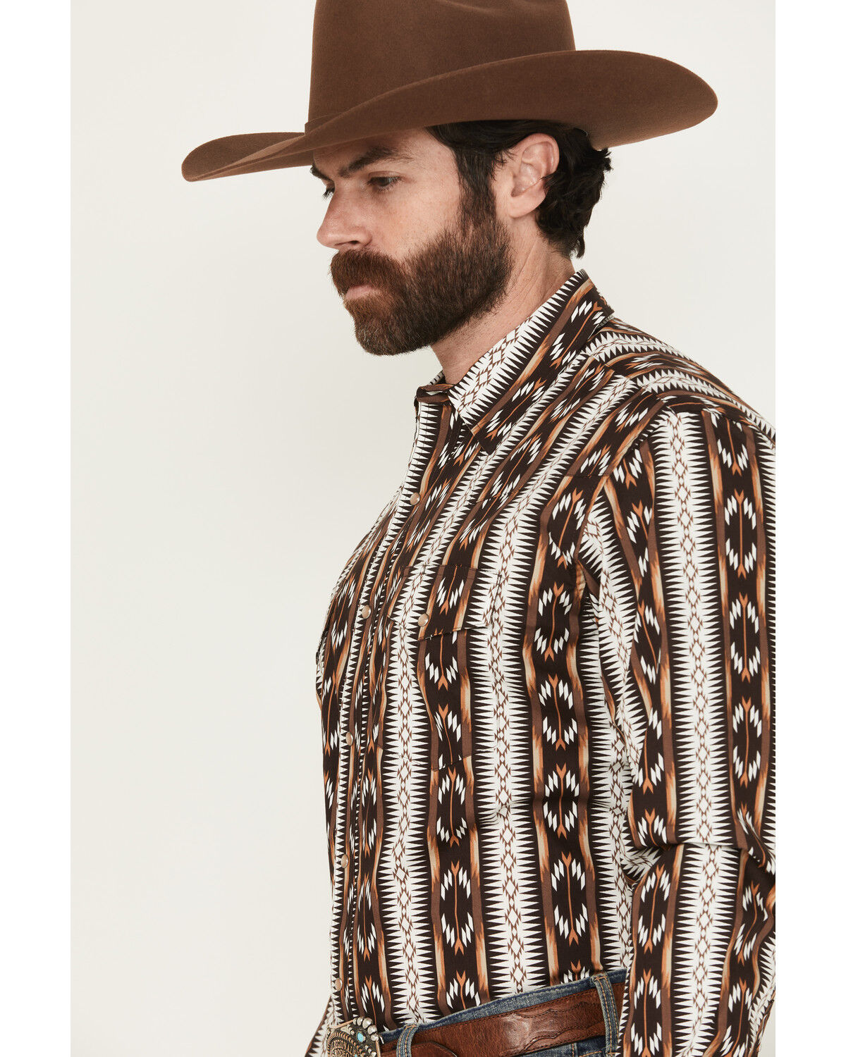 Image #2 - Wrangler Men's Checotah Southwestern Striped Print Long Sleeve Pearl Snap Western Shirt - Big, Brown, hi-res