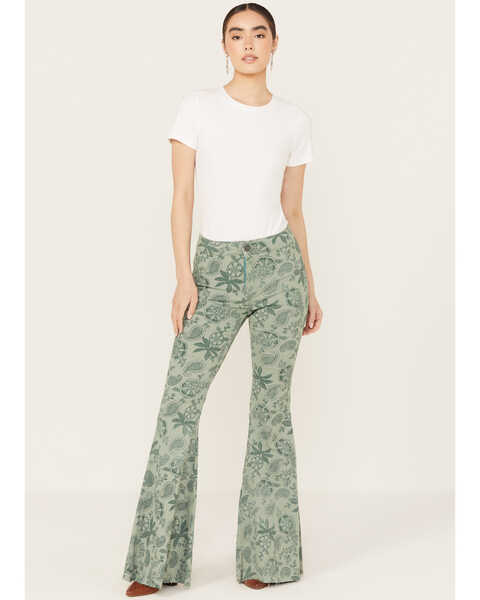 Rock & Roll Denim Women's High Rise Reversible Bargain Bell Bottom Jeans, Green, hi-res