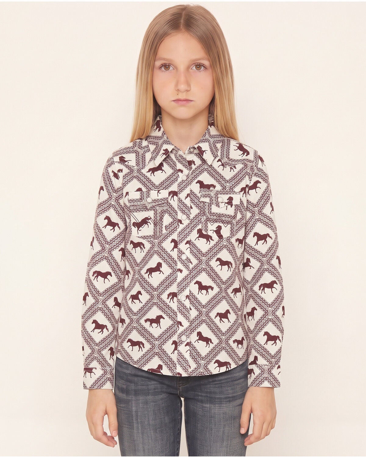 Wrangler Girls' Horse Print Long Sleeve Snap Western Shirt, Cream, hi-res