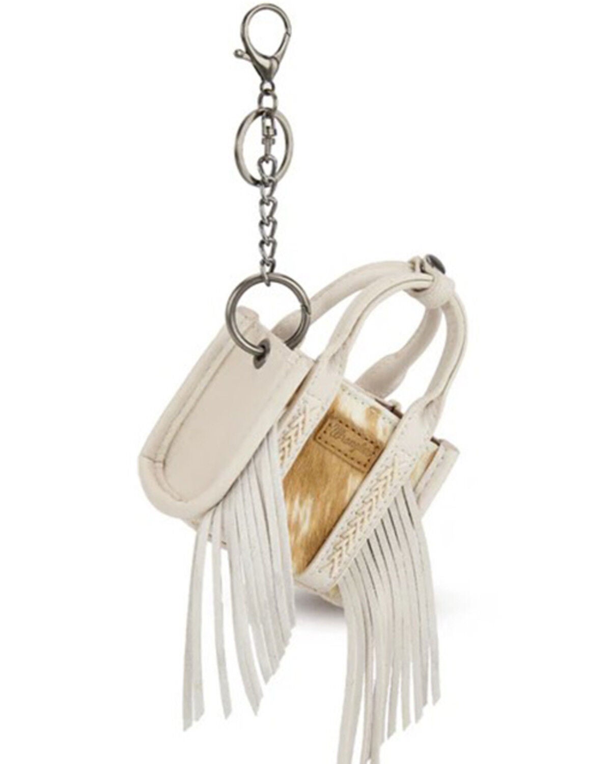 Image #1 - Wrangler Cowhide Mini Fringe Tote Keychain, Beige, hi-res