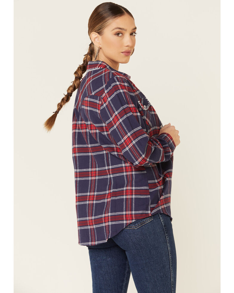 Nikki Erin Women's Whipstitch Plaid Long Sleeve Western Flannel Shirt , Navy, hi-res